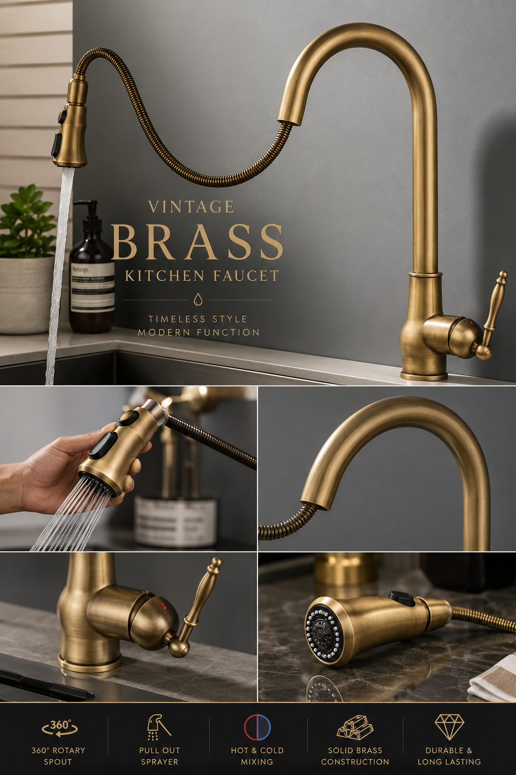 Antique Brass Kitchen Faucet Pull-Out Sprayer 360° Swivel Hot Cold Mixer Tap