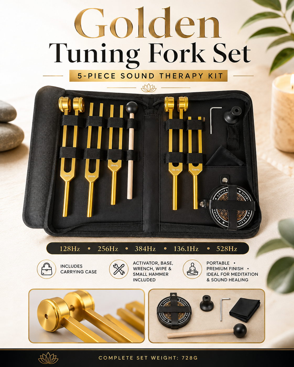 5-Piece Sound Therapy Tuning Fork Set 128/256/384/136.1/528Hz w/ Case