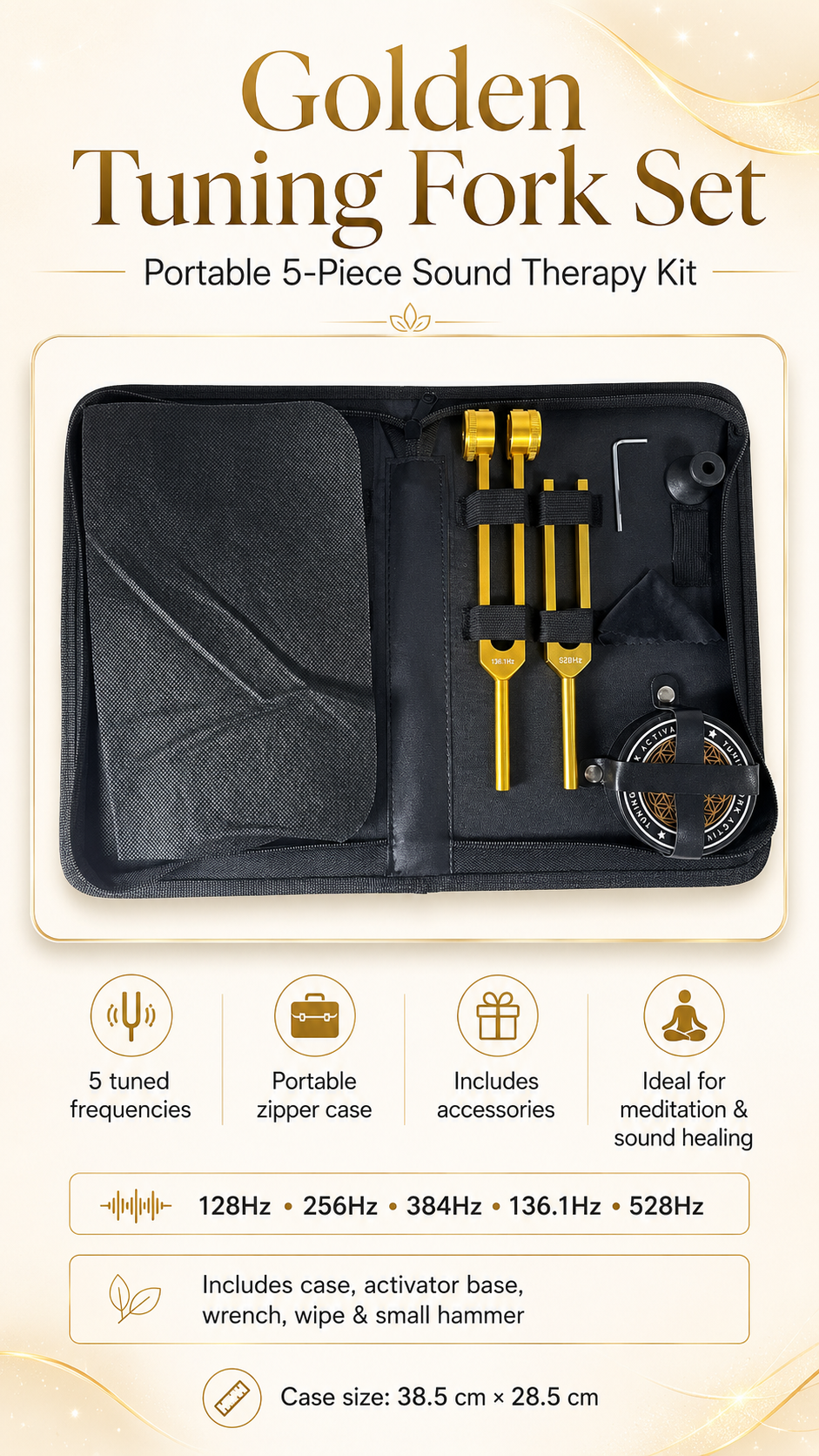 5-Piece Sound Therapy Tuning Fork Set 128/256/384/136.1/528Hz w/ Case