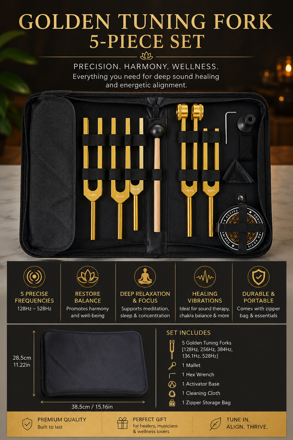 5-Piece Sound Therapy Tuning Fork Set 128/256/384/136.1/528Hz w/ Case