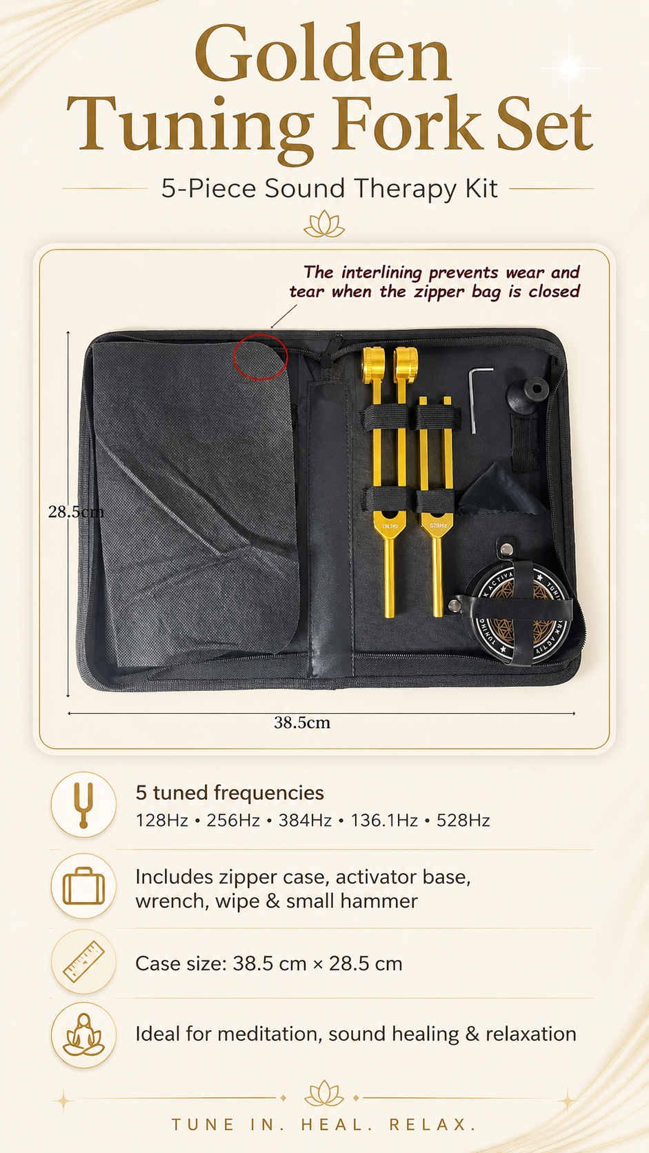 5-Piece Sound Therapy Tuning Fork Set 128/256/384/136.1/528Hz w/ Case