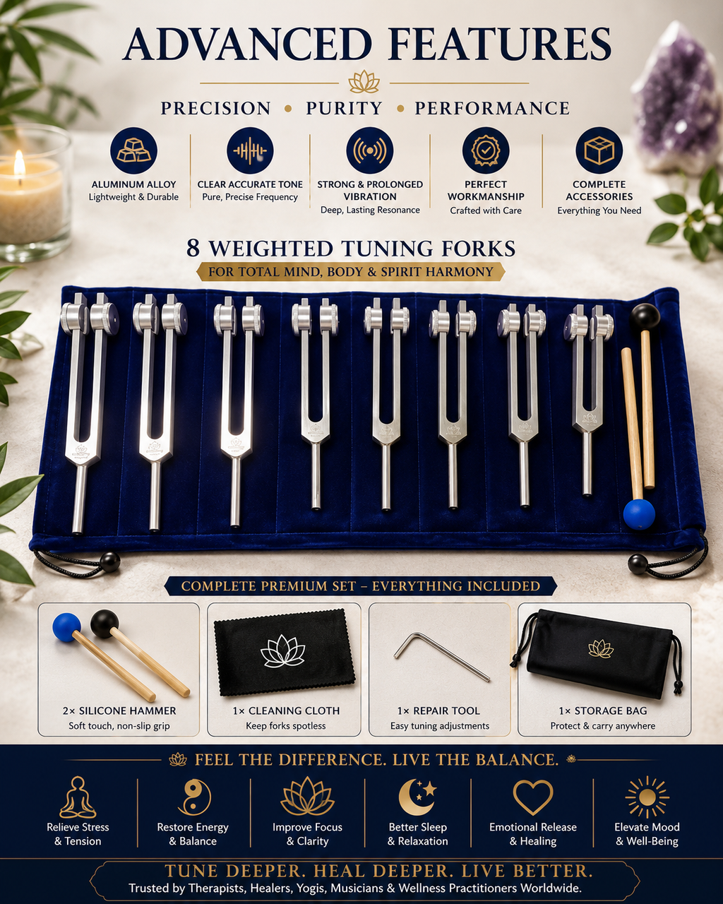 8-Piece Chakra Tuning Fork Set for Healing and Meditation