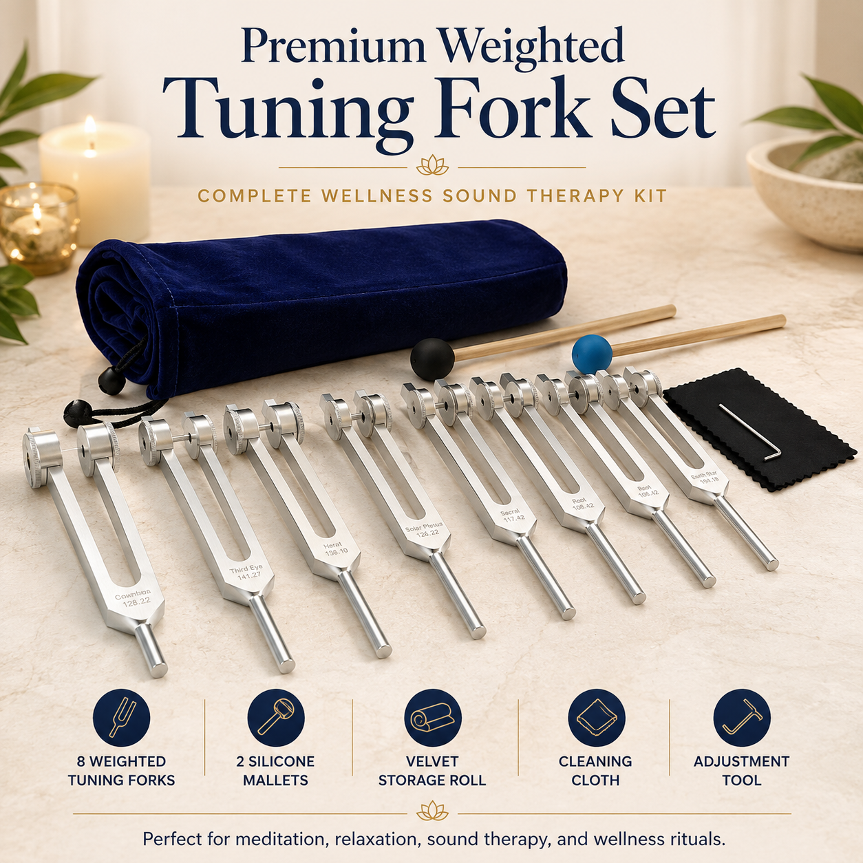 8-Piece Chakra Tuning Fork Set for Healing and Meditation