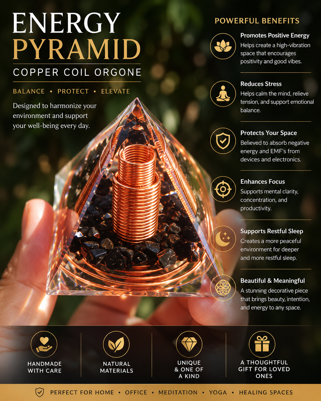 Orgone Energy Pyramid Copper Coil with Obsidian Stone