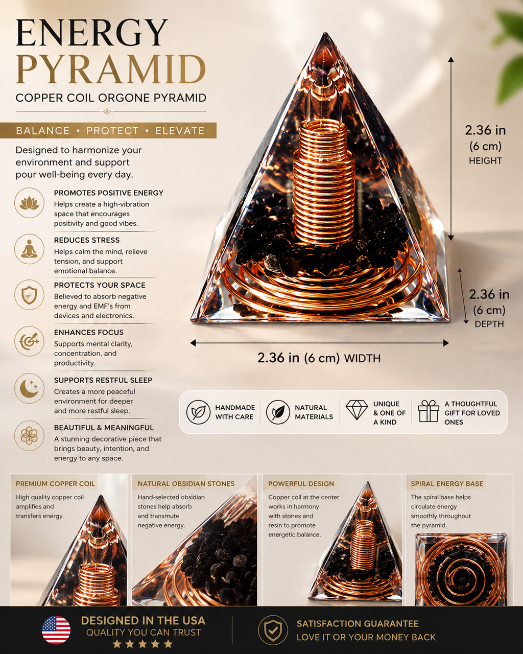 Orgone Energy Pyramid Copper Coil with Obsidian Stone