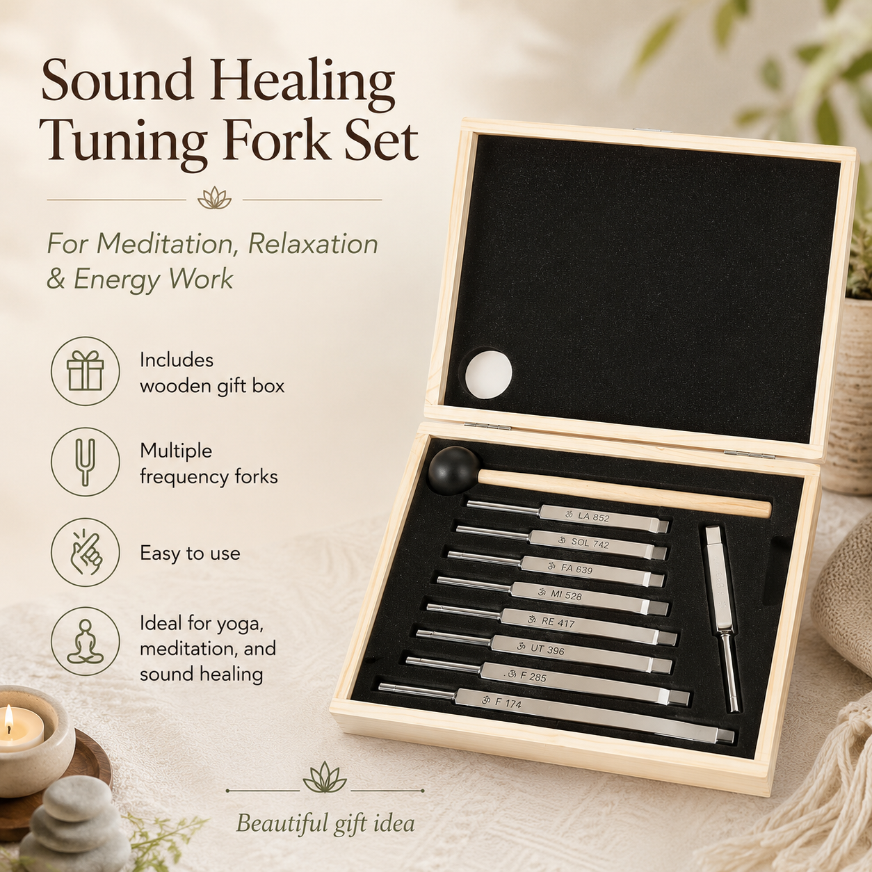 9-Piece Sound Healing Tuning Fork Set w/ Wooden Mallet & Gift Box