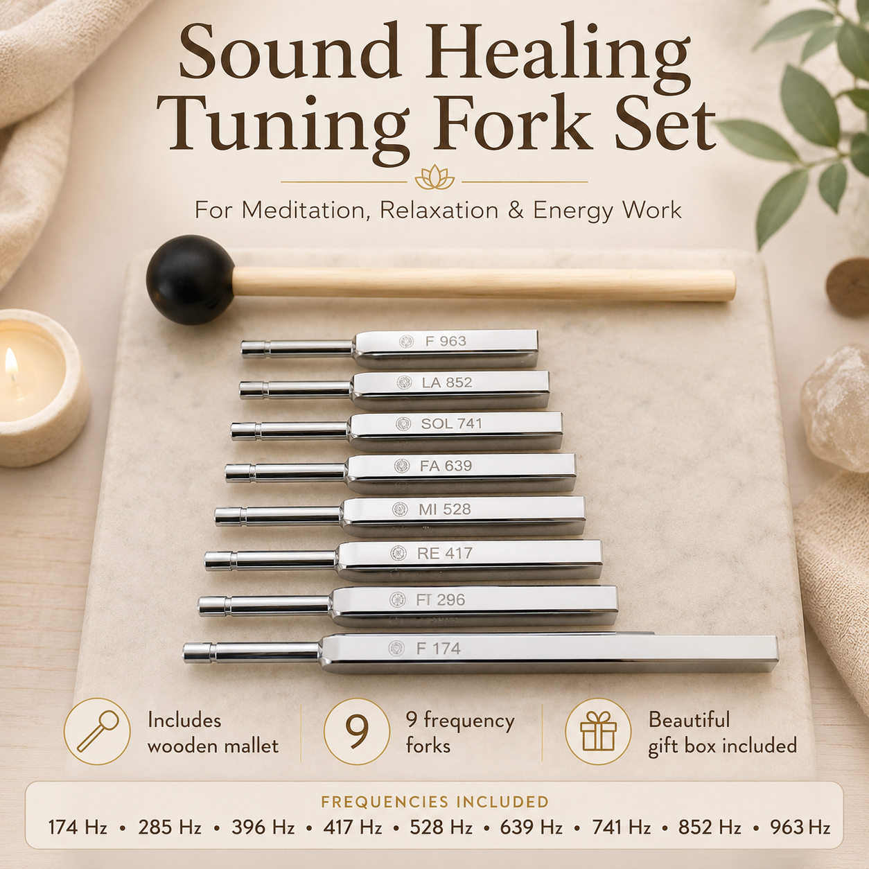 9-Piece Sound Healing Tuning Fork Set w/ Wooden Mallet & Gift Box