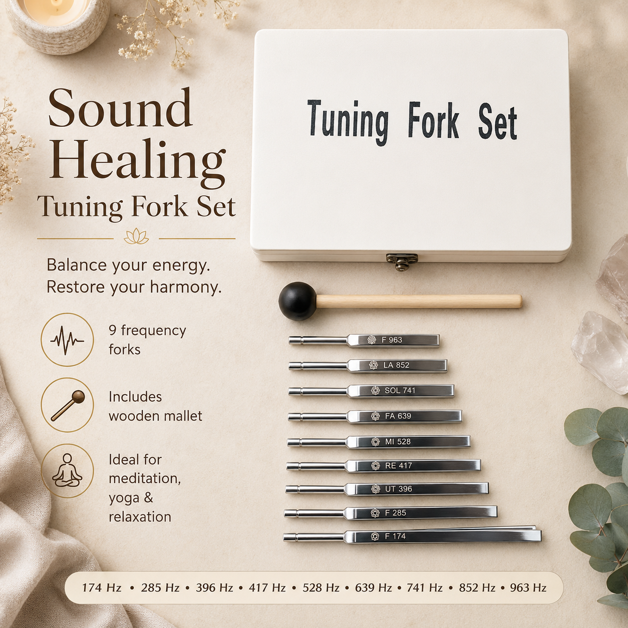 9-Piece Sound Healing Tuning Fork Set w/ Wooden Mallet & Gift Box
