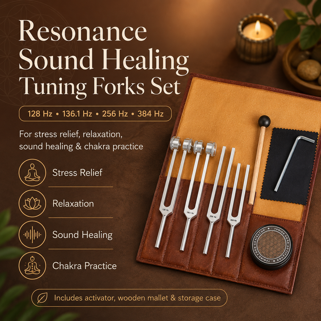 6-Piece Sound Healing Tuning Fork Set with Leather Case & Activator (128Hz–384Hz)