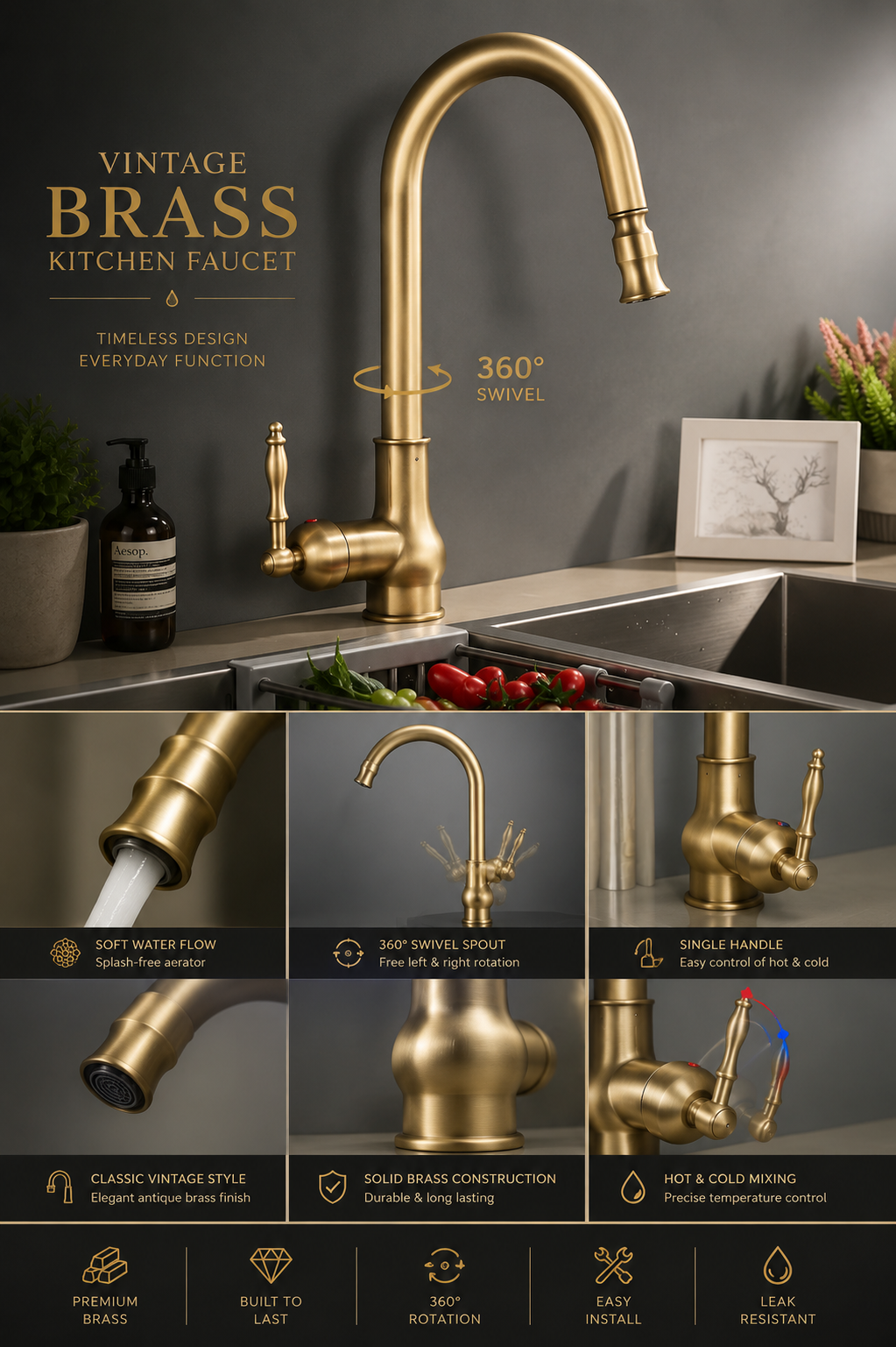 Antique Brass Kitchen Faucet Pull-Out Sprayer 360° Swivel Hot Cold Mixer Tap