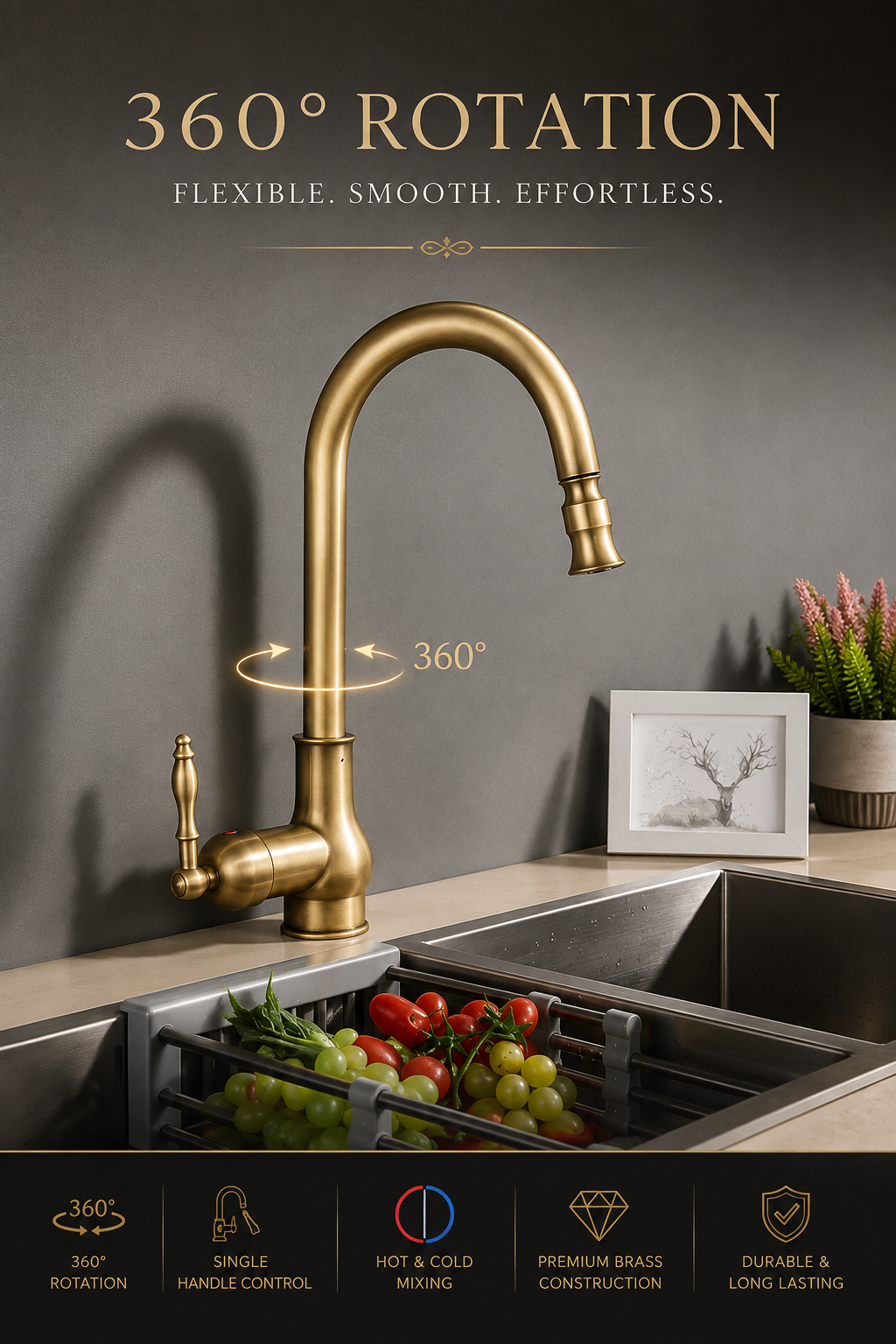 Antique Brass Kitchen Faucet Pull-Out Sprayer 360° Swivel Hot Cold Mixer Tap
