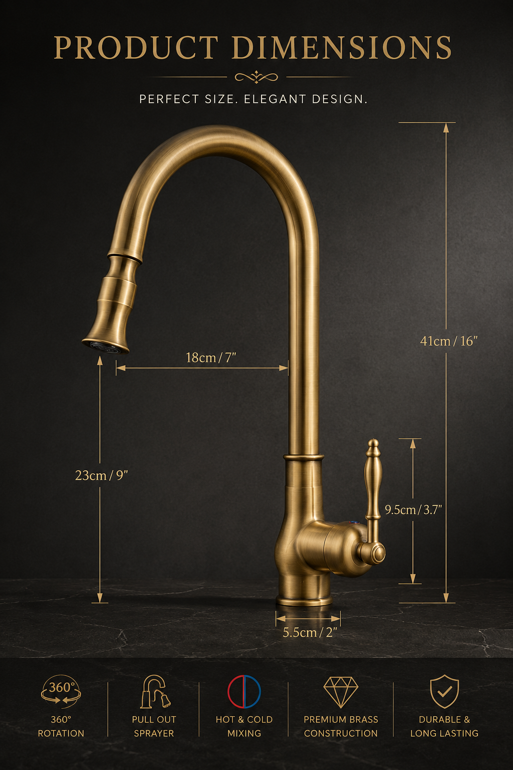 Antique Brass Kitchen Faucet Pull-Out Sprayer 360° Swivel Hot Cold Mixer Tap