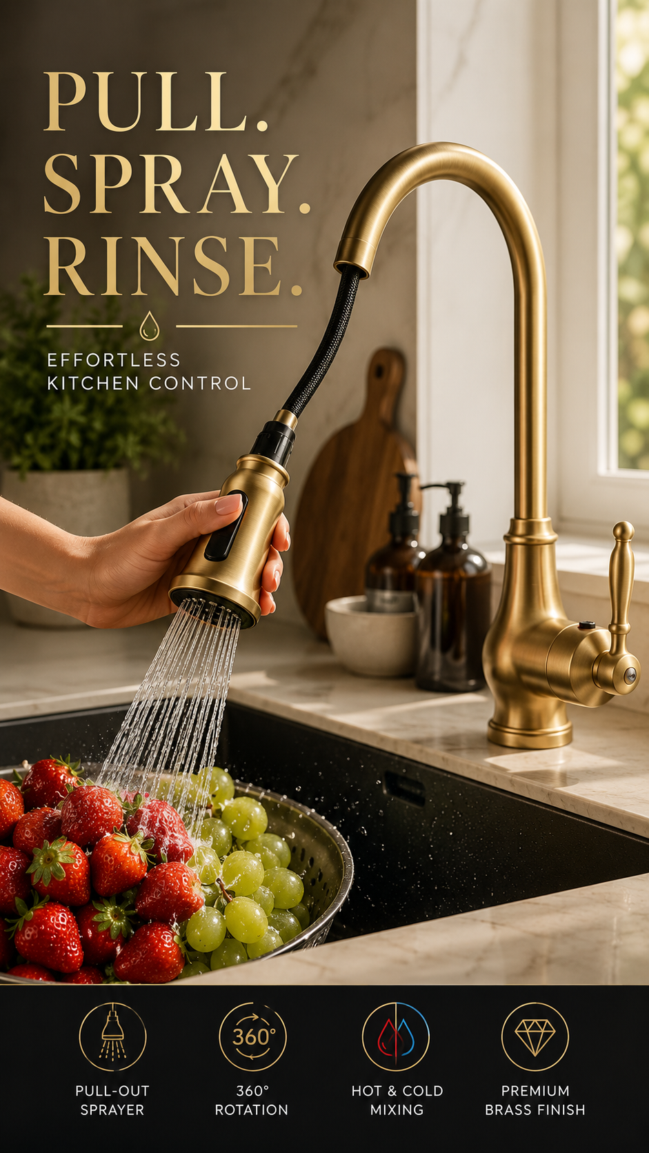 Antique Brass Kitchen Faucet Pull-Out Sprayer 360° Swivel Hot Cold Mixer Tap