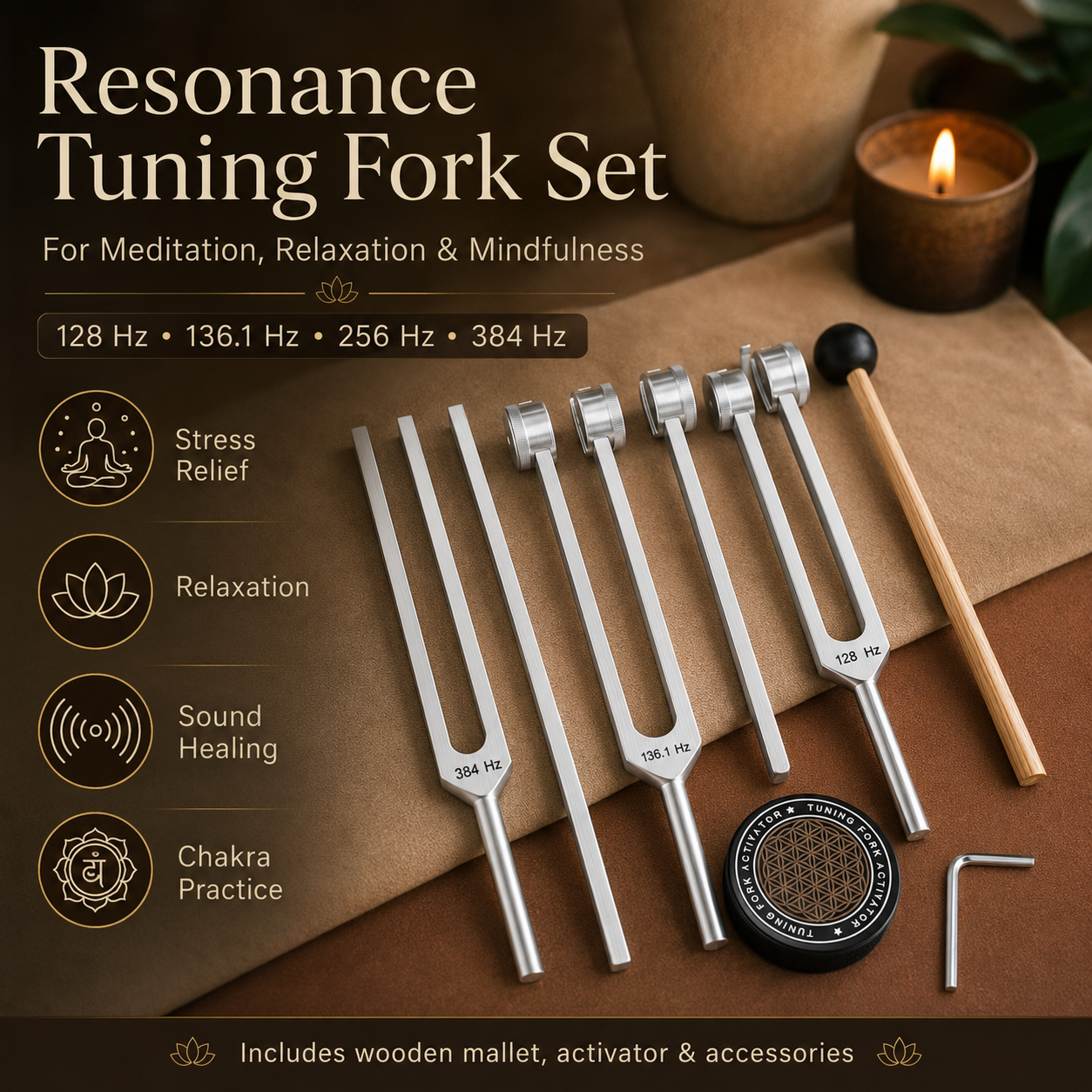 6-Piece Sound Healing Tuning Fork Set with Leather Case & Activator (128Hz–384Hz)