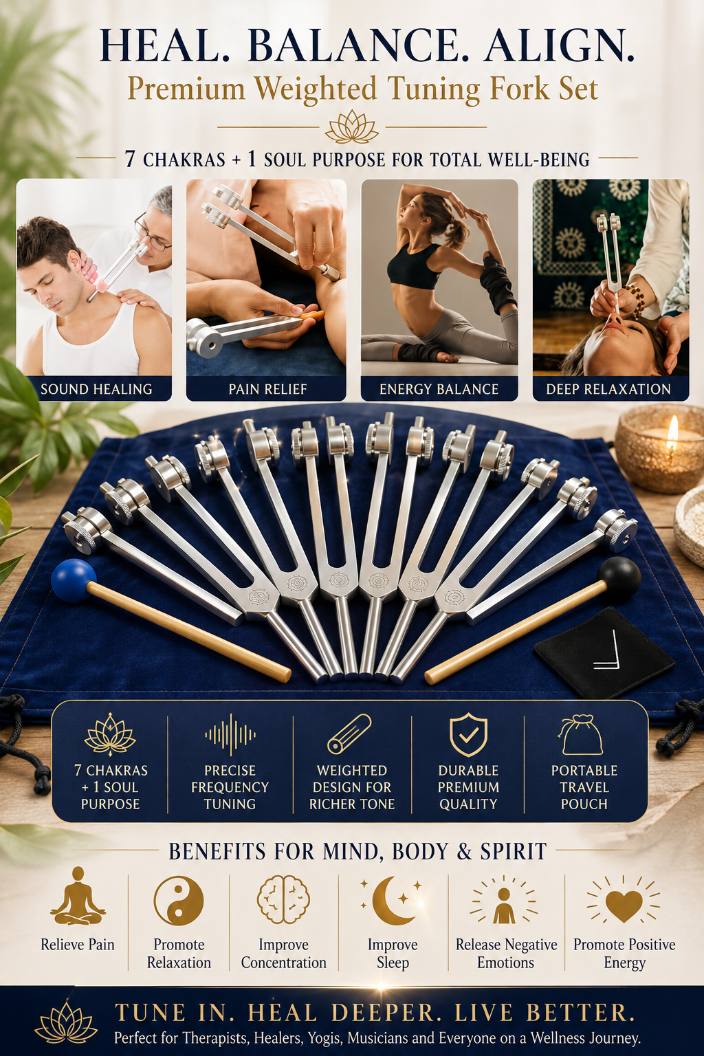 8-Piece Chakra Tuning Fork Set for Healing and Meditation