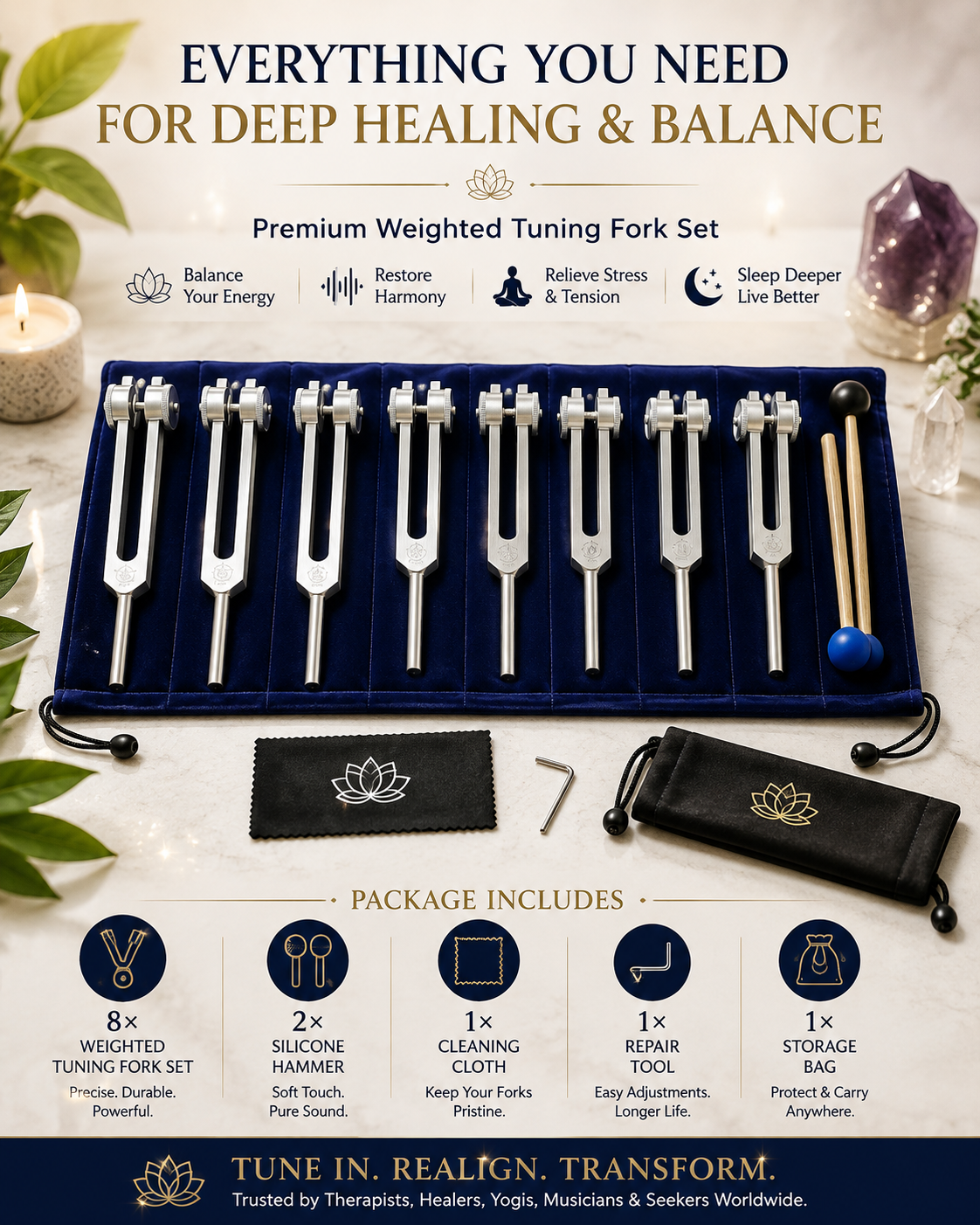 8-Piece Chakra Tuning Fork Set for Healing and Meditation