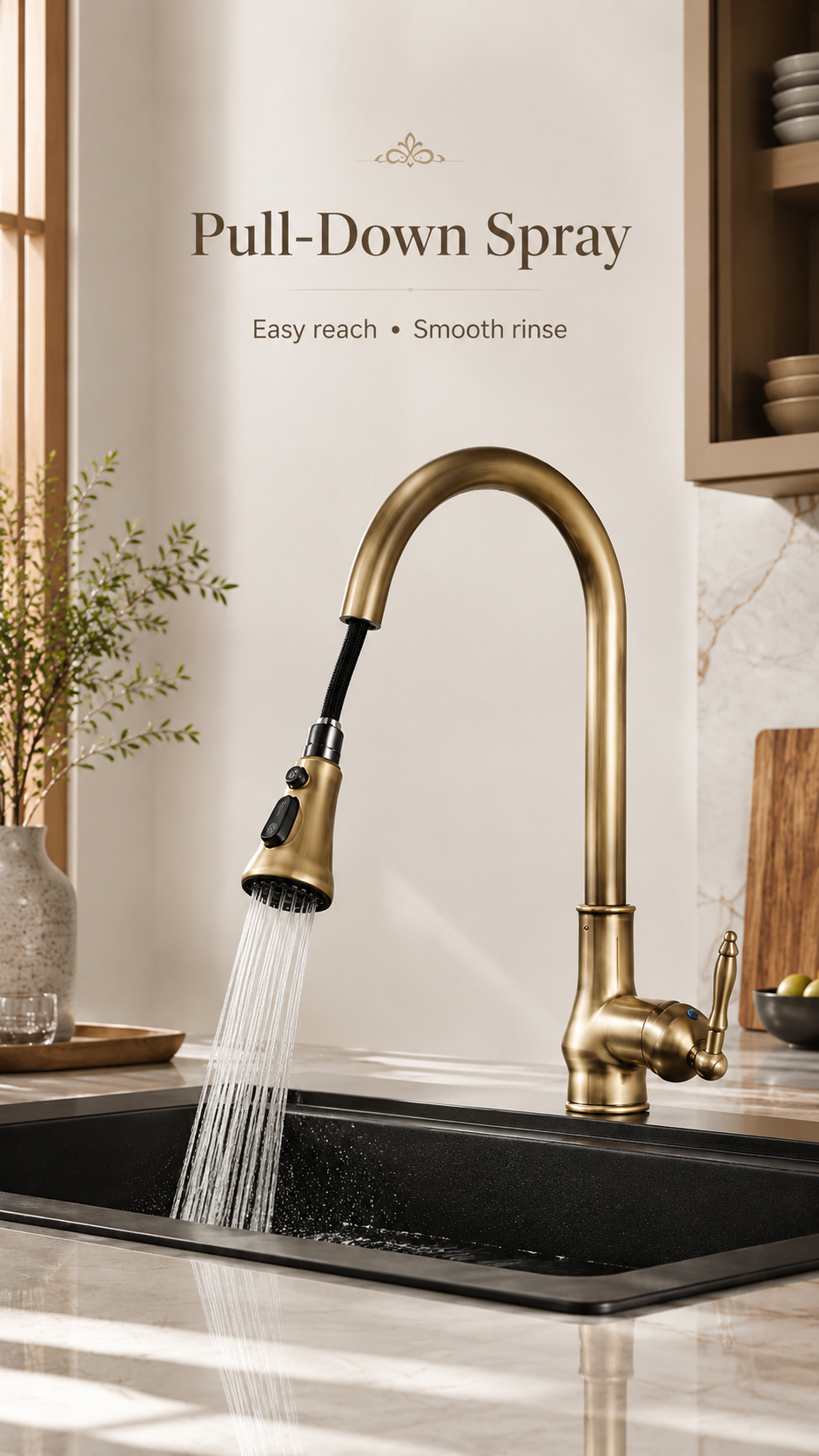 Antique Brass Kitchen Faucet Pull-Out Sprayer 360° Swivel Hot Cold Mixer Tap