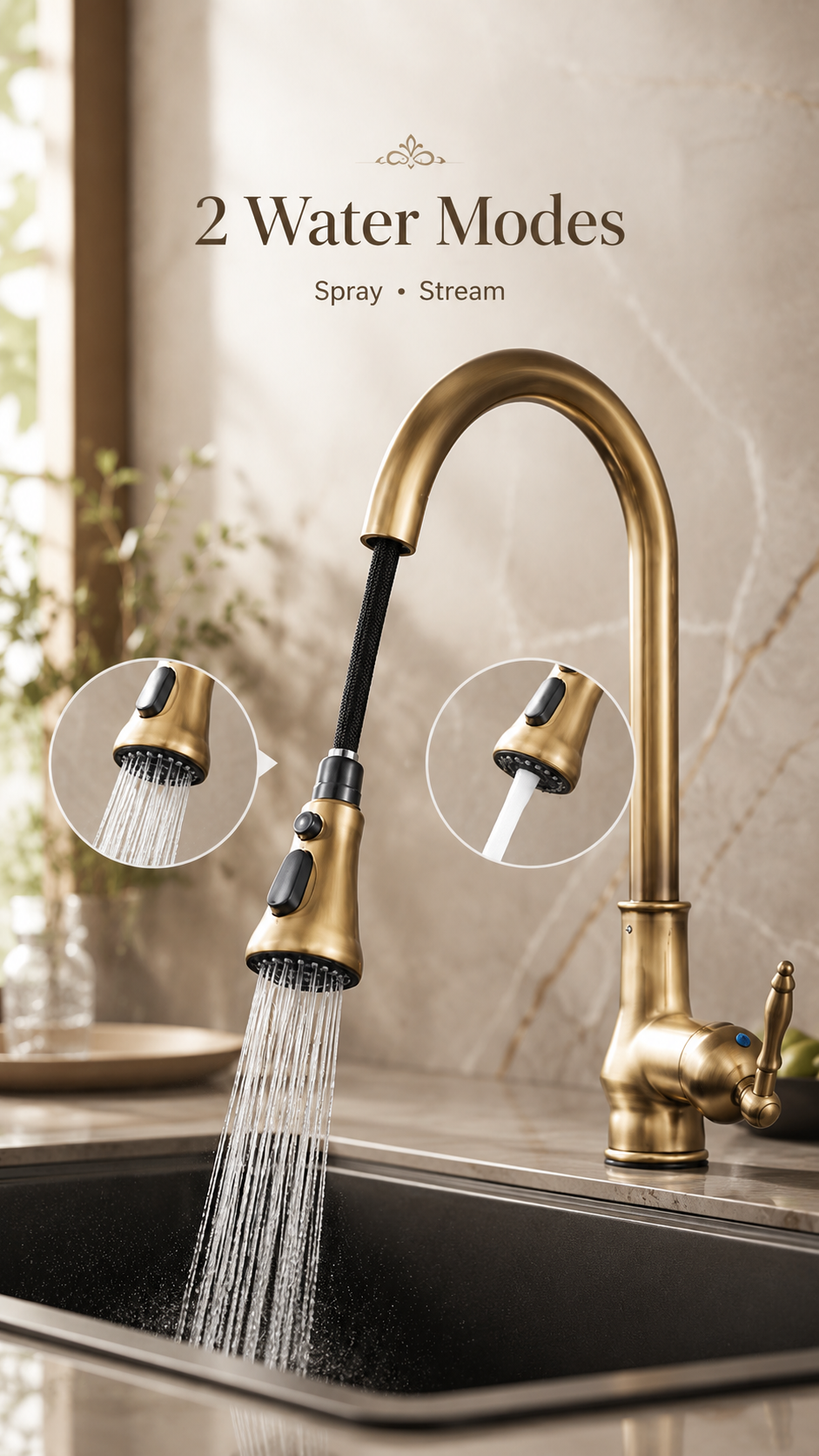Antique Brass Kitchen Faucet Pull-Out Sprayer 360° Swivel Hot Cold Mixer Tap
